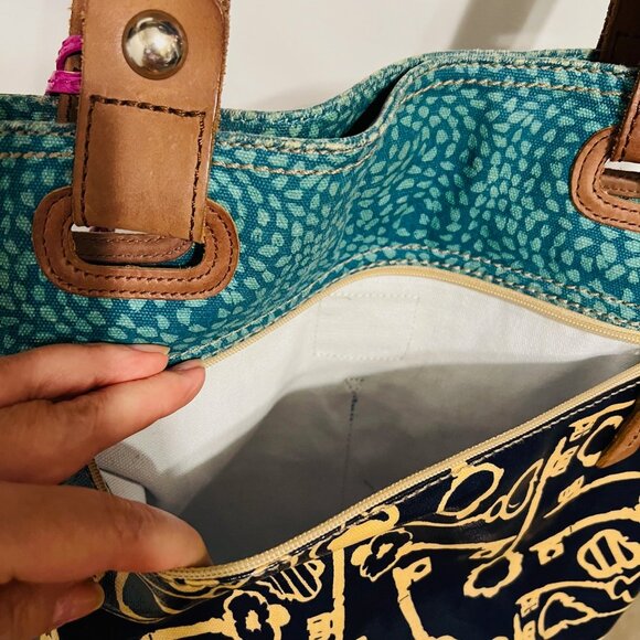 Fossil Key-Per Shoulder/Tote Purse-Teal/Navy Shopper-14" x 12" x 3 1/2"- Leather - Picture 7 of 16